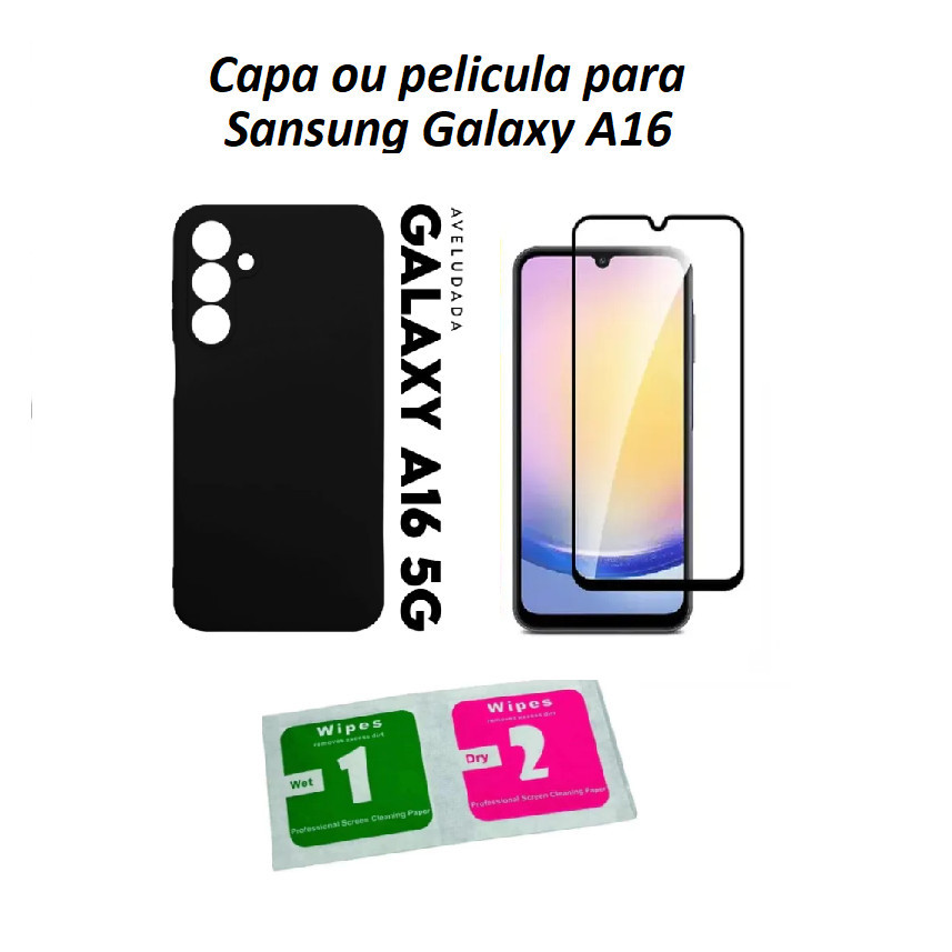 Capa Aveludada Preta e Pelicula 3D para Galaxy A16 5G
