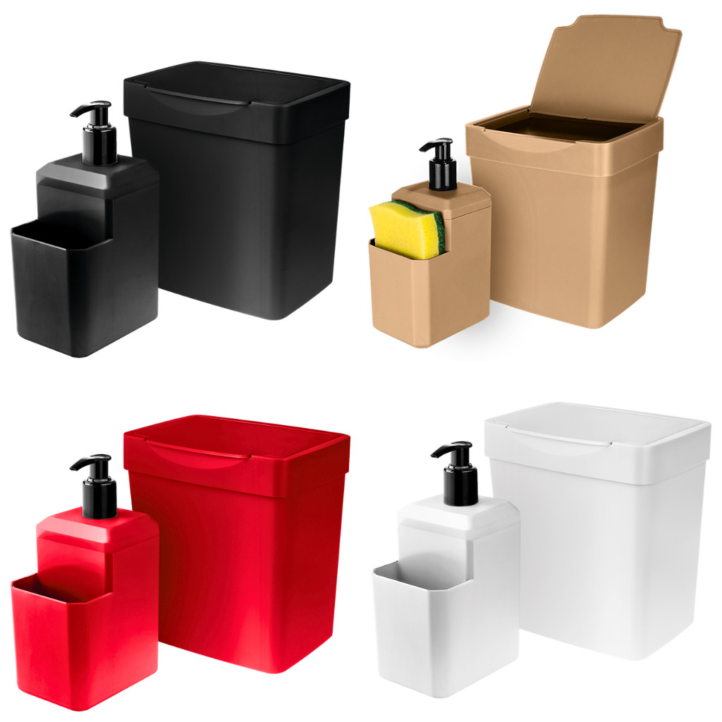 Kit Lixeira de Pia 2,5L + Dispenser 550ml de Detergente Bucha Esponja Lummar Sobre Pia Esconde Sacola Várias Cores em Oferta na Shopee