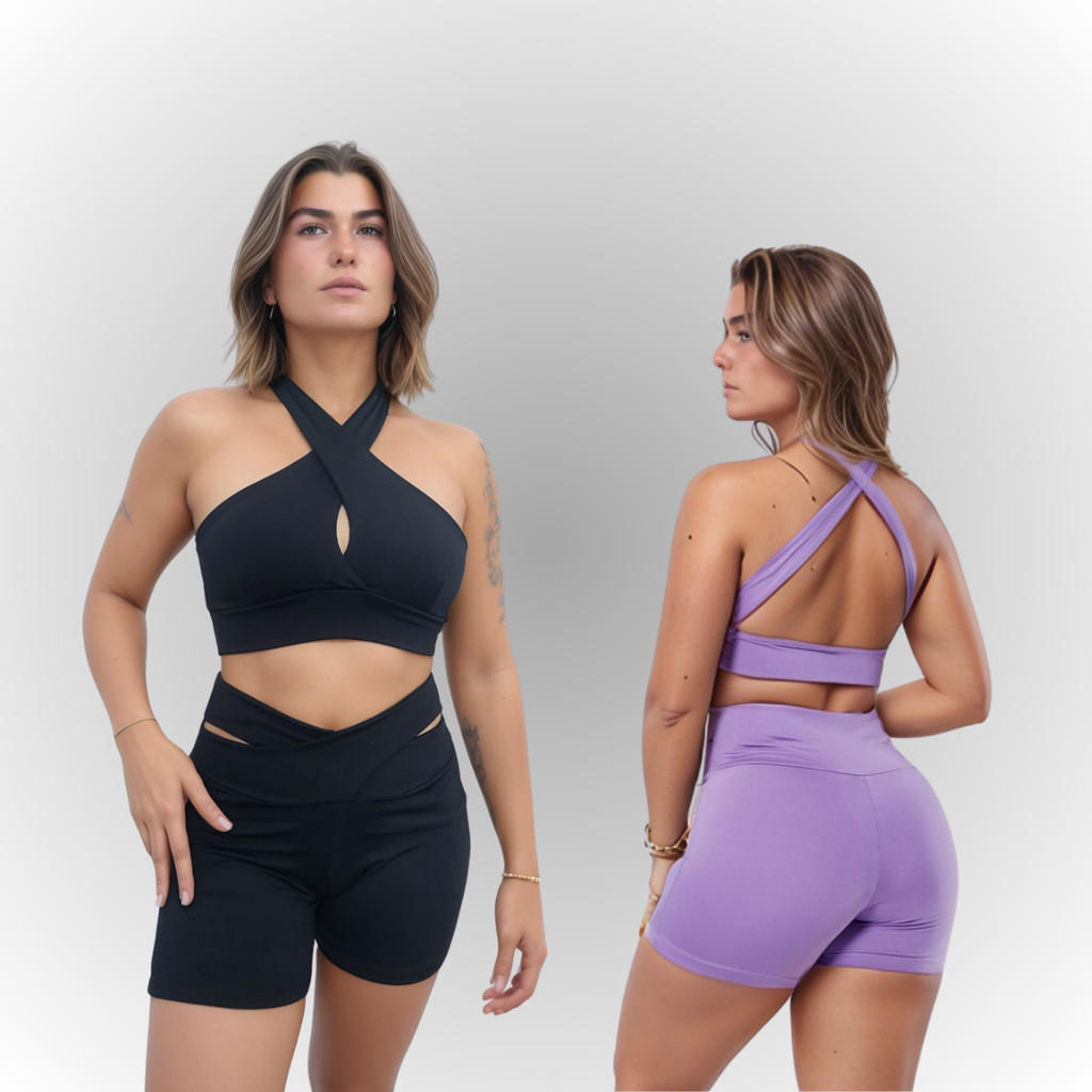 Conjunto Feminino Corrida Caminhada Treino Academia Top Cruzado e Shorts com abertura Legging Fitness