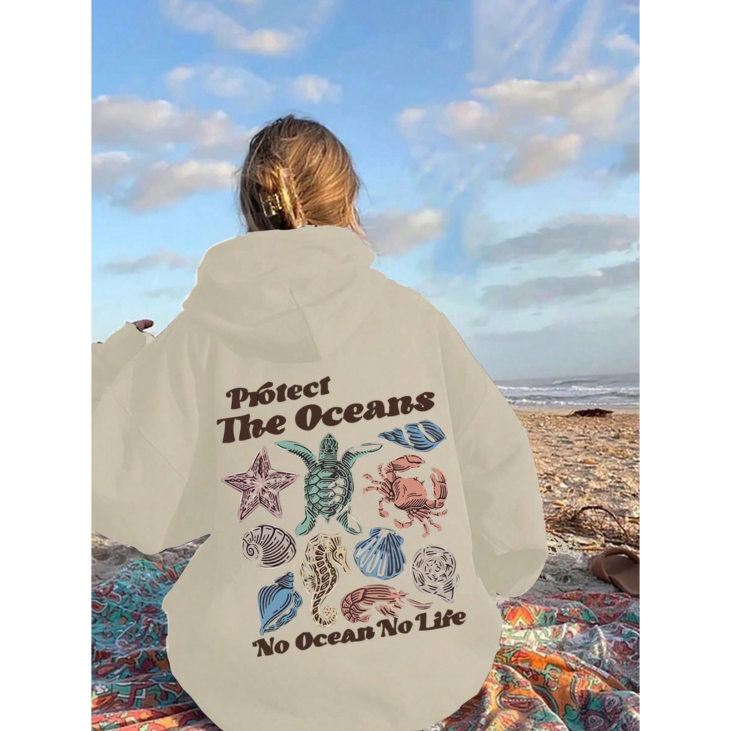 Moletom Gráfico Oceano Tartarugas Blusão de Frio Meio Ambiente Casual Feminino Moleton Lançamento em Oferta na Shopee