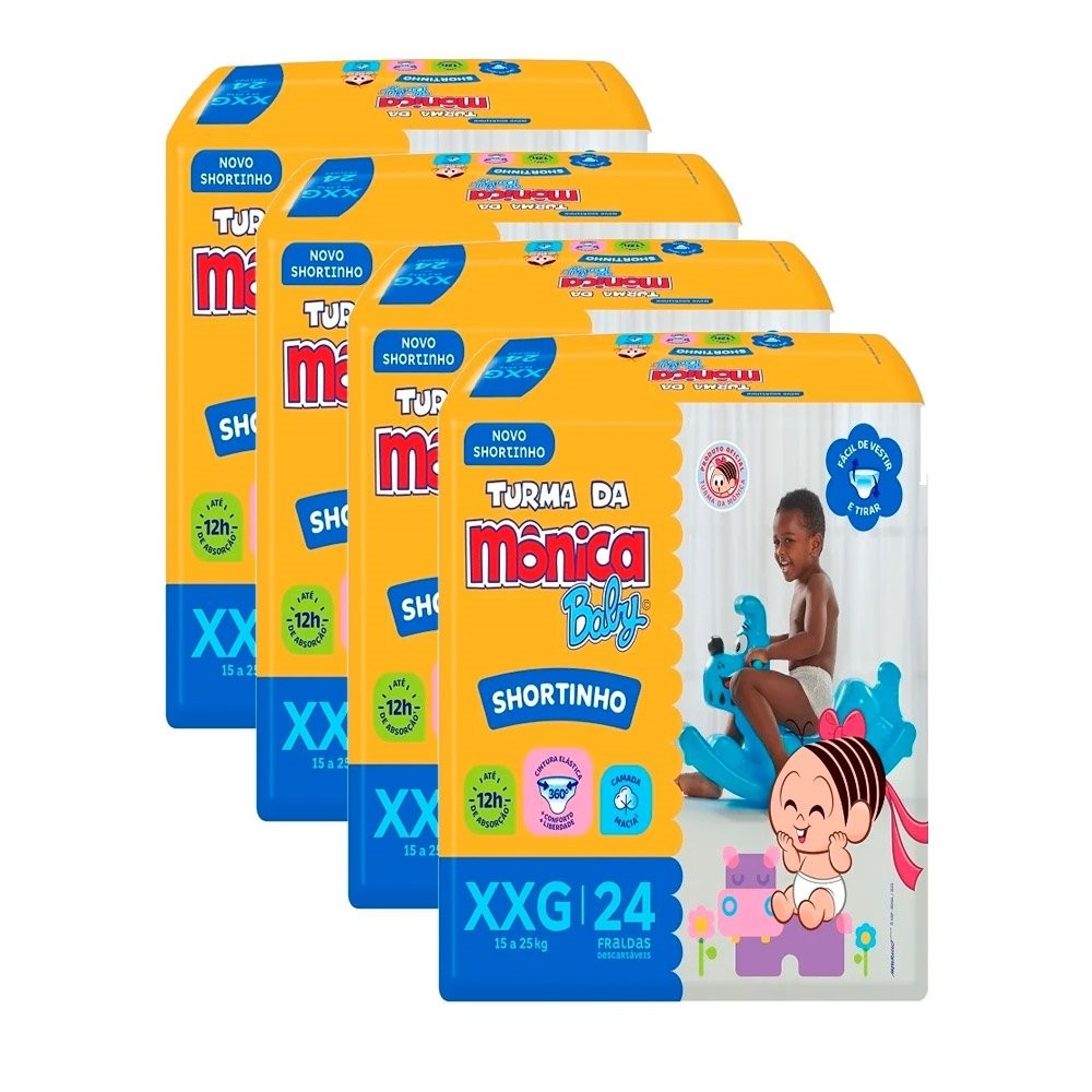 Fralda Descartável Turma da Mônica Shortinho Jumbo Tamanho XXG - 4 Pacotes com 24 Fraldas - Total 96 Tiras em Oferta na Shopee