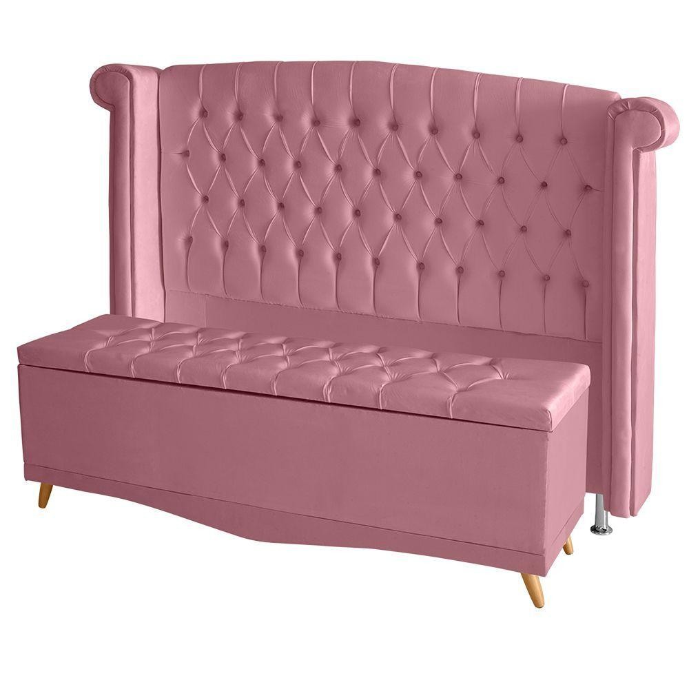 Kit Cabeceira De Cama Box E Calçadeira Baú Luxo Casal 140 Cm Suede Rosa Bebê Do Lar Móveis