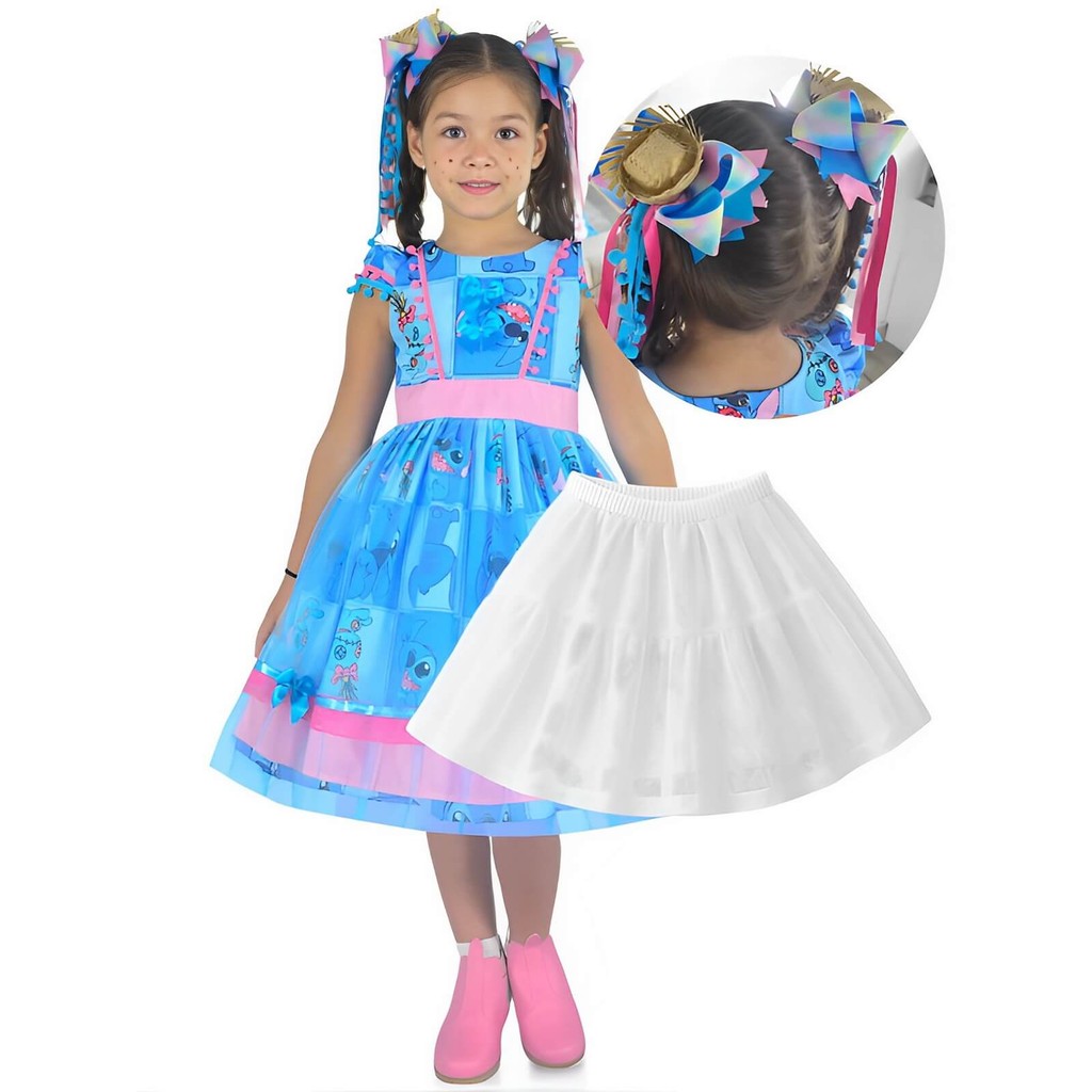 Vestido Stitch Festa Junina Azul + Saia Tutu + 2 Laços Cabelo