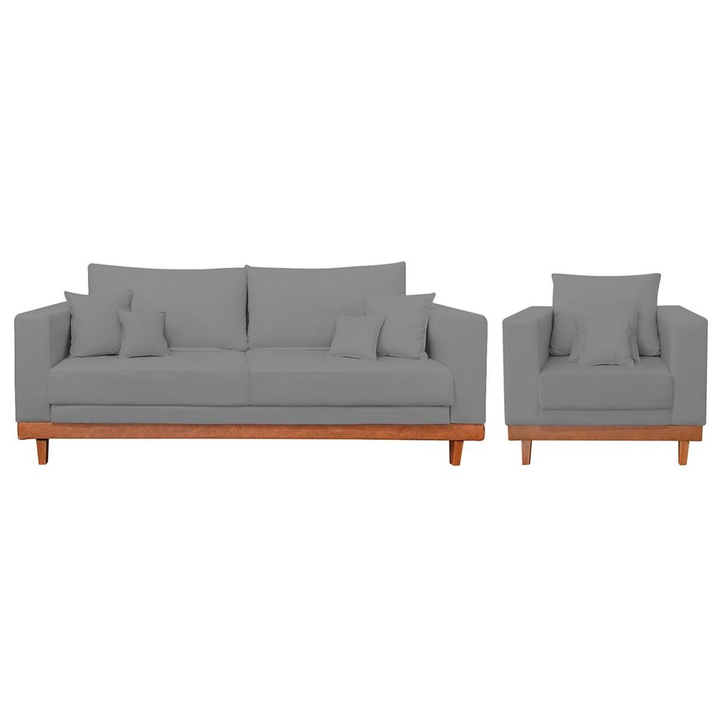 Kit Poltrona Living + Sofá 2 Lugares com Base Madeira Linho em Oferta na Shopee