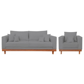 Kit Poltrona Living + Sofá 2 Lugares com Base Madeira Linho em Oferta na Shopee