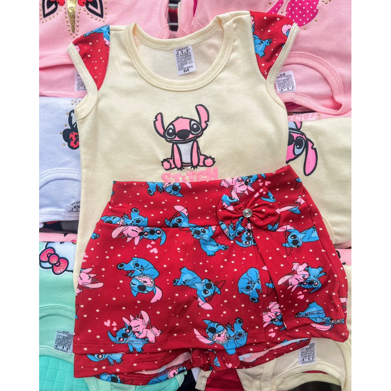 Conjunto infantil menina  - SHORT Saia - Moda verão - Roupa Infantil - Lilo Stitch - Saia Blusa - Algodão - Confortavel
