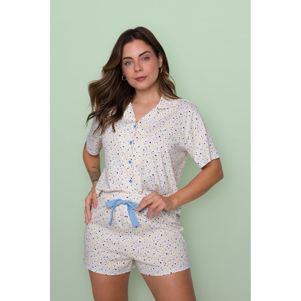 Pijama Americano Blogueirinha Manga Curta 100% Algodão Corações em Oferta na Shopee