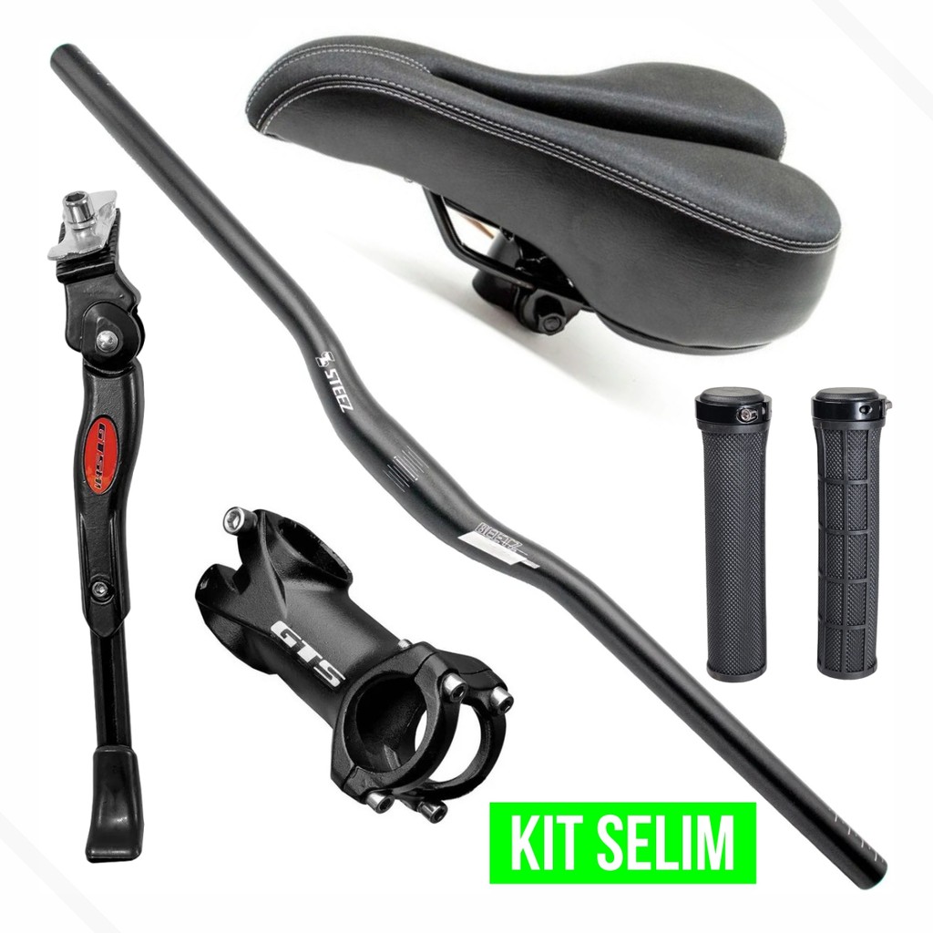 Kit Selim MTB Vazado + Guidão MTB Alu. 31.8x700mm c/Sup. Mesa + Descanso Lat. 29 + Manopla C/ Trava
