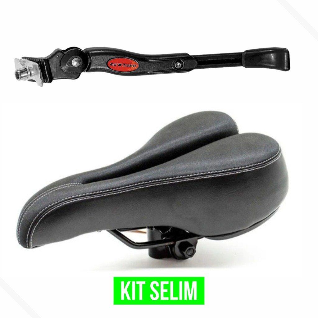 Kit Banco Selim MTB Vazado Preto Anti-Prostático Couro ECO - GTS-TEC + Descanso Lateral 29 GTS