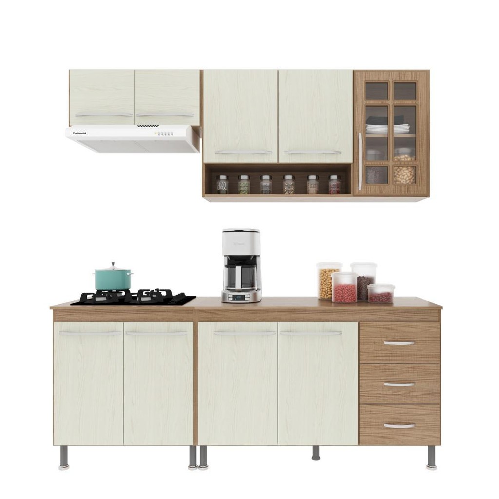 Detalhes do Cozinha Modulada Compacta Fidelitá Paris 4 Peças 190cm 9 Portas 3 Gavetas Com Tampo Nogal/Salinas