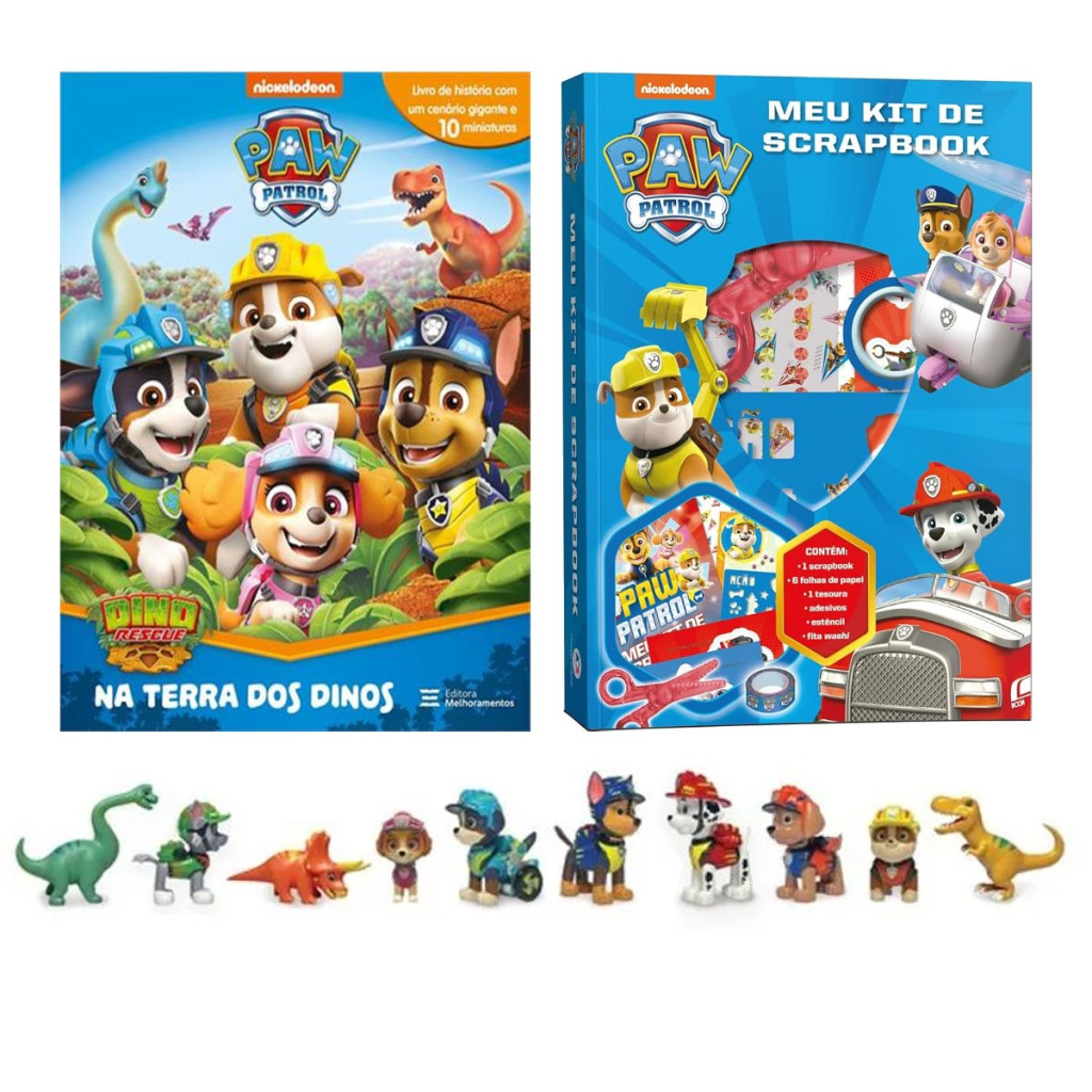 KIT DE LIVROS PATRULHA CANINA - 2 VOL: NA TERRA DOS DINOS (BOX C/ 10 MINIATURAS E CENARIO) + MEU KIT DE SCRAPBOOK