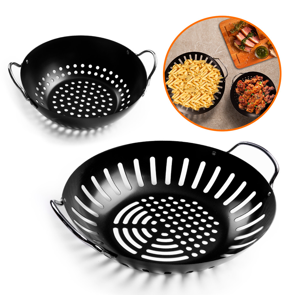 Kit Panela Wok 20 cm e Grelha Perfurada 43x28cm Antiaderente Mundial Churrasco Legume Porções