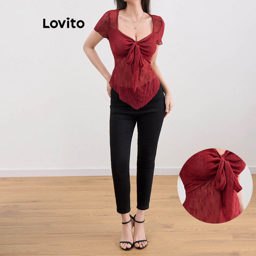 Lovito Camiseta casual lisa com amarração frontal para mulheres L109MD497 - Women Clothes