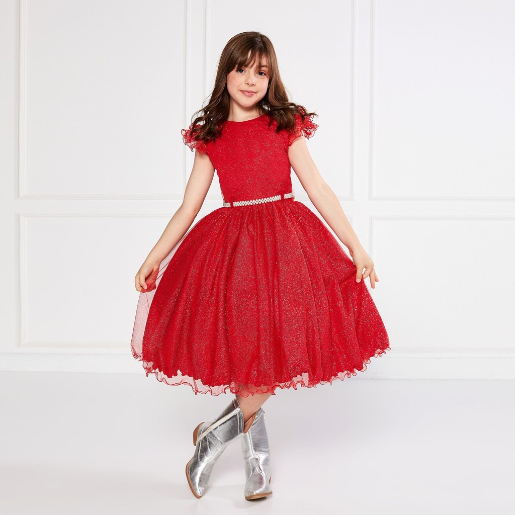 Vestido Glitter Vermelho Manga Godê De Festa Infantil Rodado Natal em Oferta na Shopee