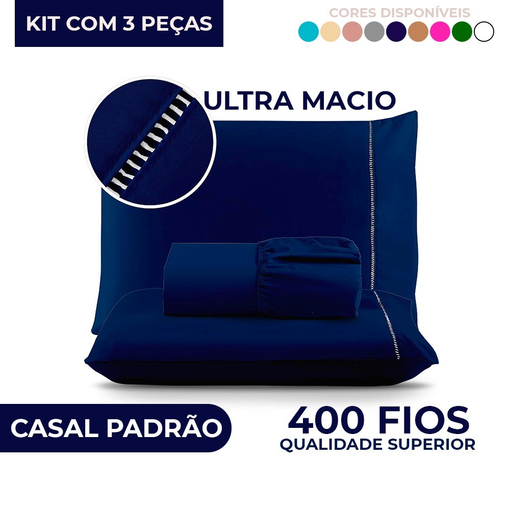 Kit Lençol com Elástico + Fronha em Micropercal 400 Fios Ponto Palito - Solteiro / Casal / Queen / King