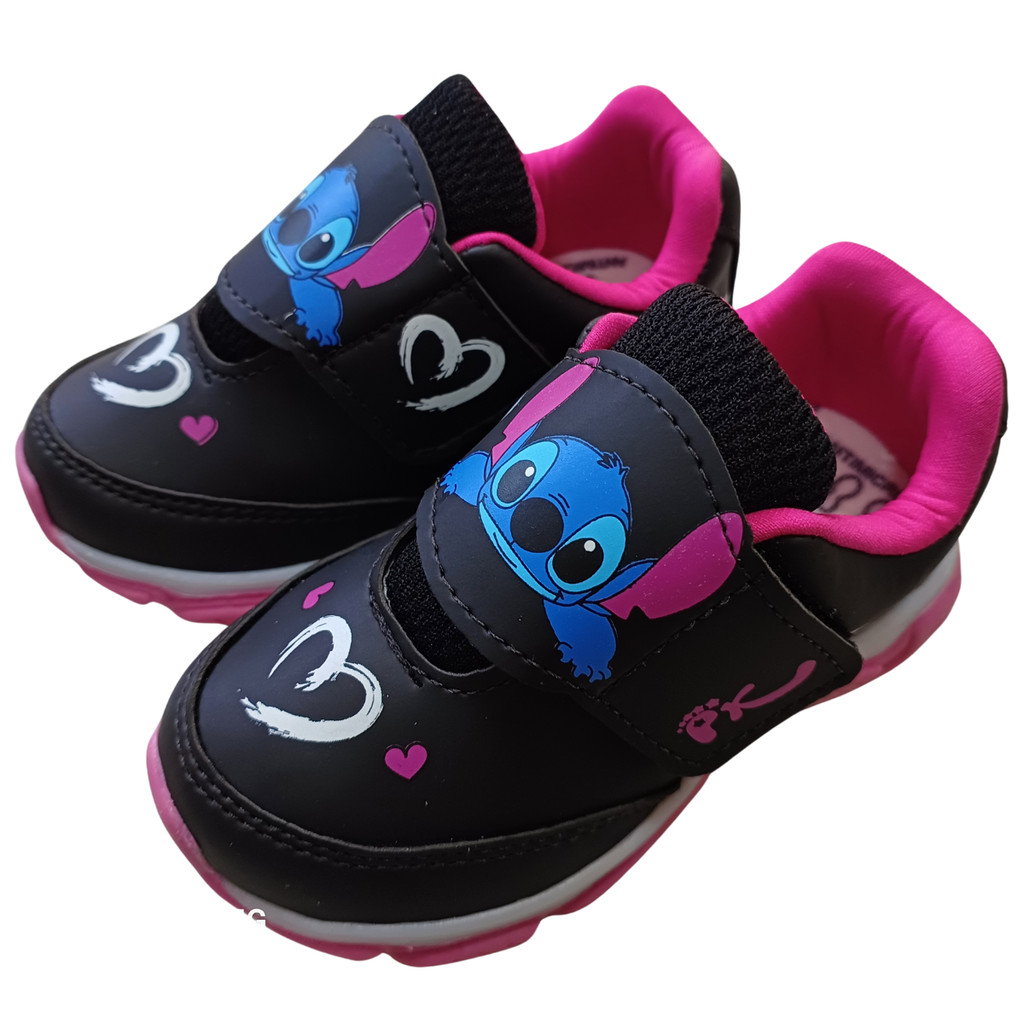 Tênis Infantil Preto e Rosa com Luz e Estampa Fofa Casual com Fecho Rápido em Oferta na Shopee