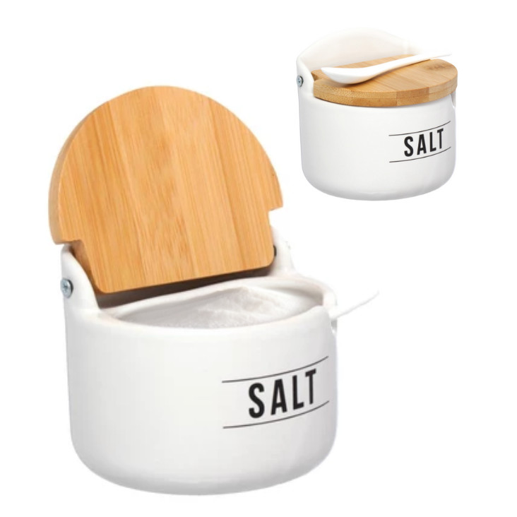 Saleiro De Porcelana Com Colher Tampa Bambu 290ml Manhattan
