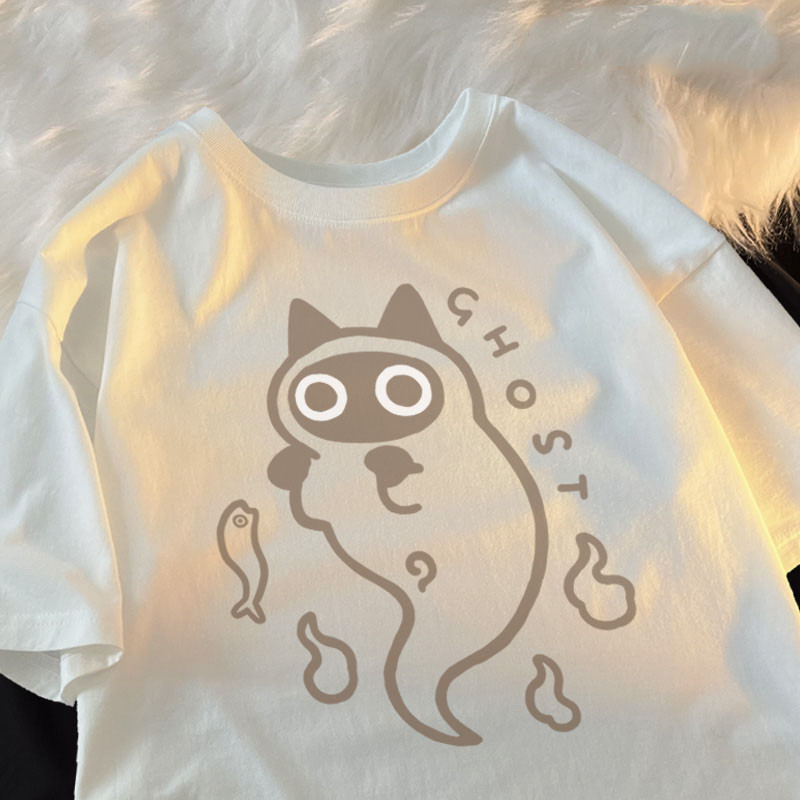 Japonês Retro Dos Desenhos Animados Fantasma Gato Impressão Camiseta De Manga Curta Masculino/Feminino Coreano Ins Rua V
