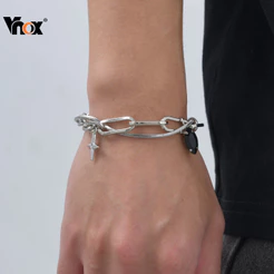 Pulseira De Corrente De Elo De Estrela Cúbica De Zircônia Preta Vnox Para Homens , Hipoalergênica De Aço Inoxidável , Pr