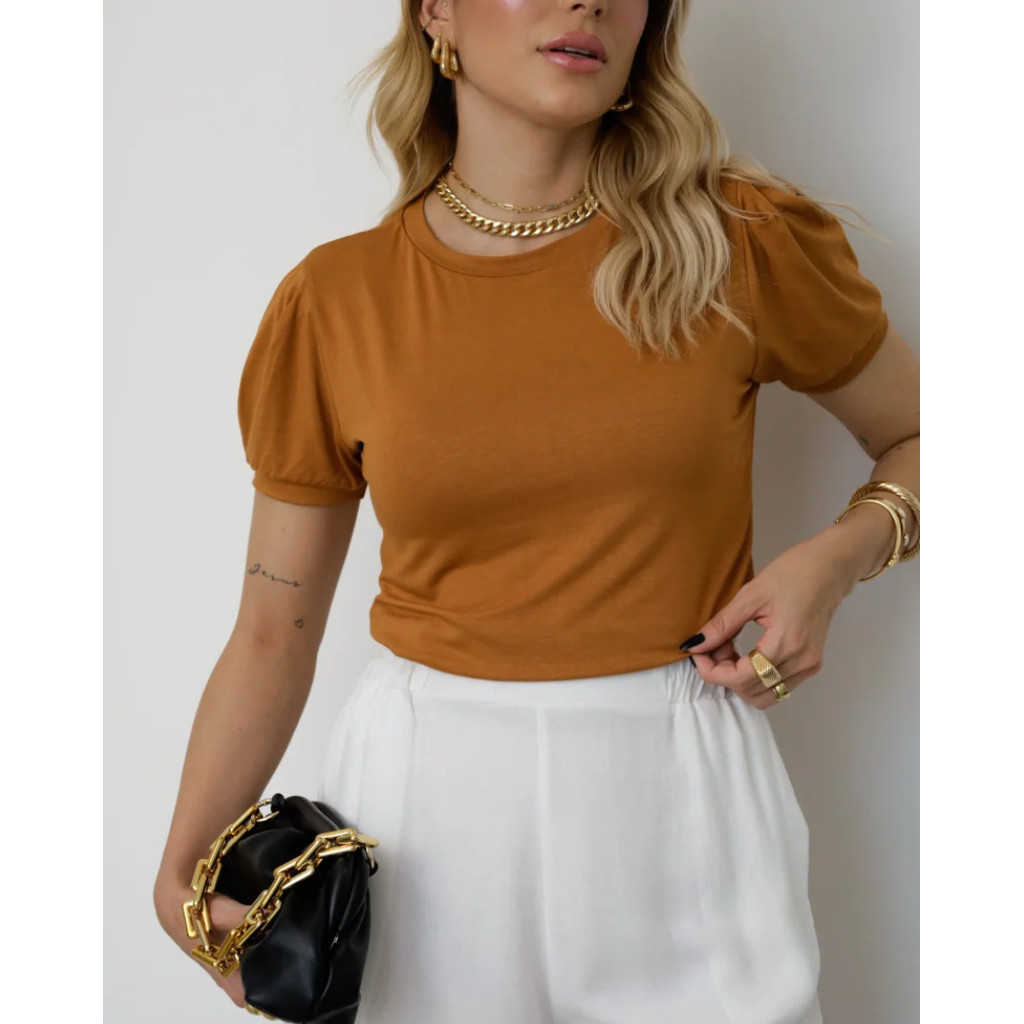 Blusa Feminina Básica de Viscolycra Manga Princesa Moda Blogueira
