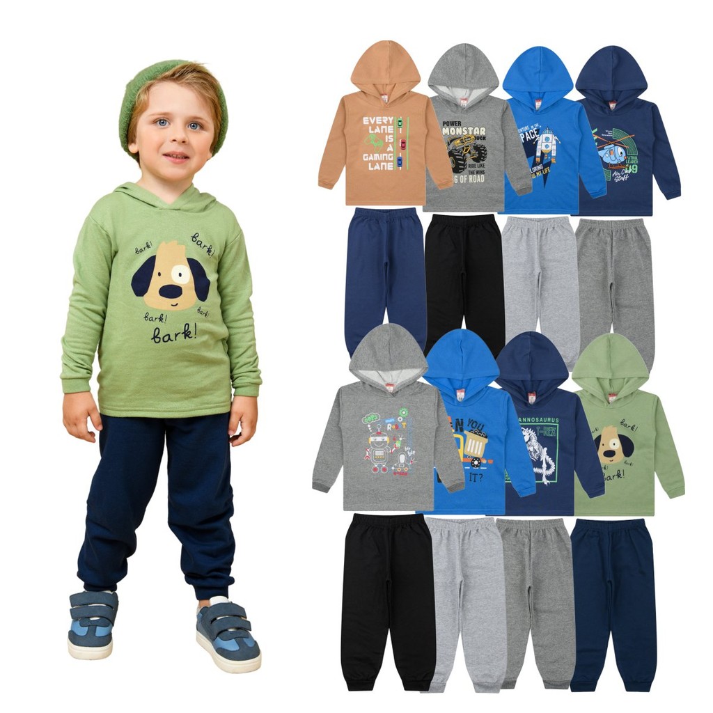 Kit Conjuntos Blusa Com Capuz Moletom + Calça Roupa Menino Infantil - Conjunto Menino Sortido Moda Inverno Frio Bebê