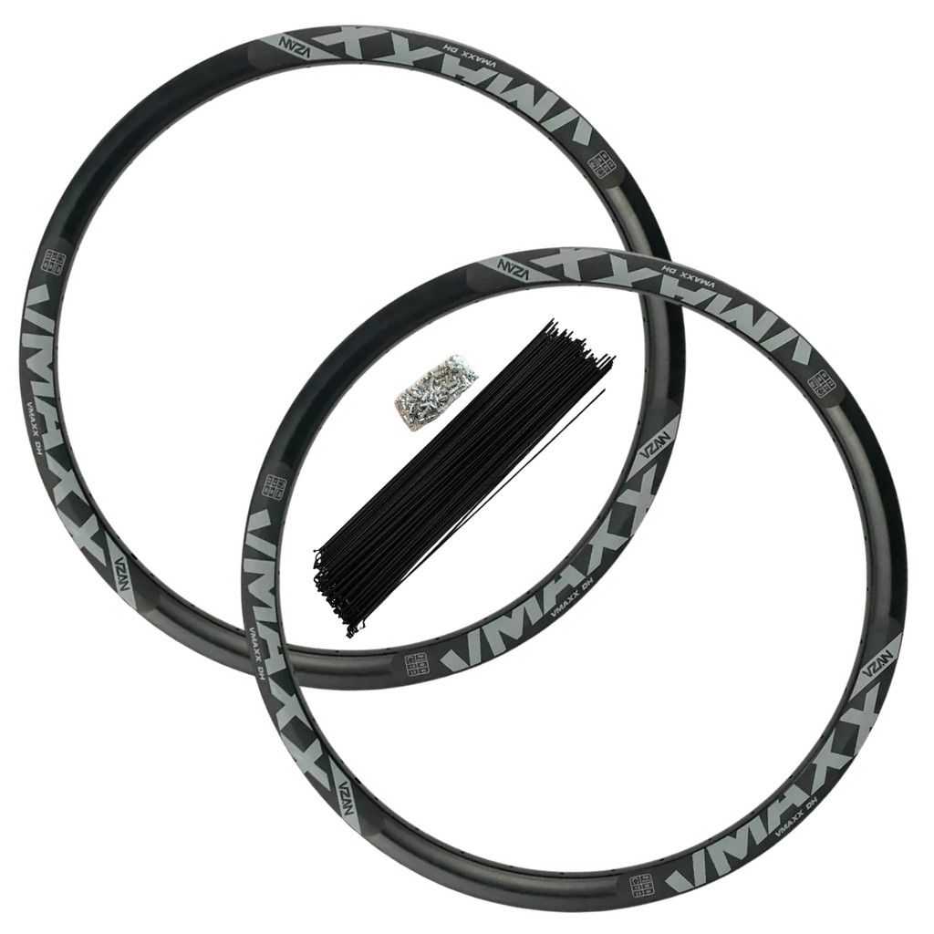 Kit Roda Aro 26 Vzan Vmaxx 36F Preto Fosco Adesivo Cinza Com Raios E Niples