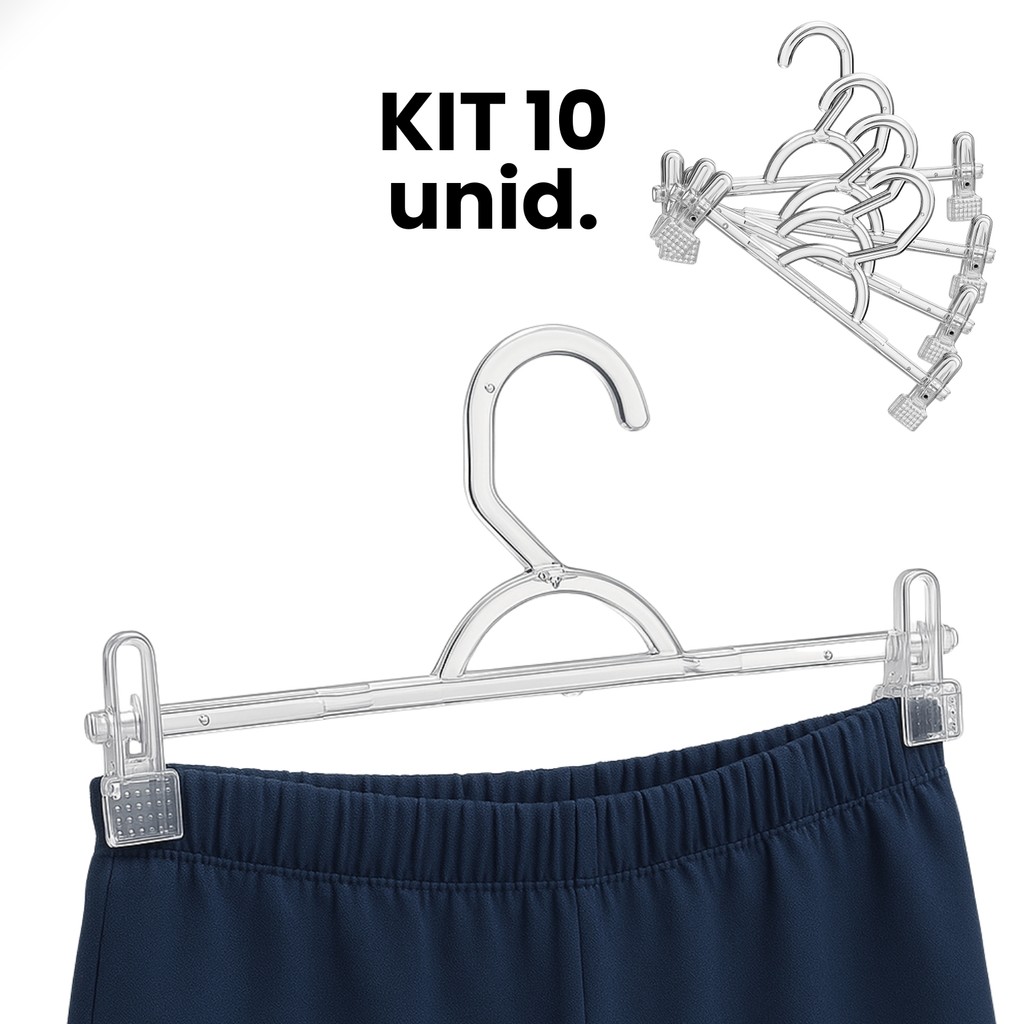10 Cabides Acrílico Adulto Transparente + Presilha Reforçada para Roupas Calça Saia Bermuda em Oferta na Shopee