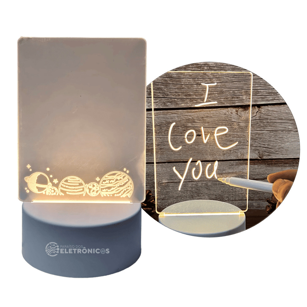 Luminária USB 3D Tipo Lousa Para Recados e Mensagens Em Acrílico Com Caneta Mágica KL1512
