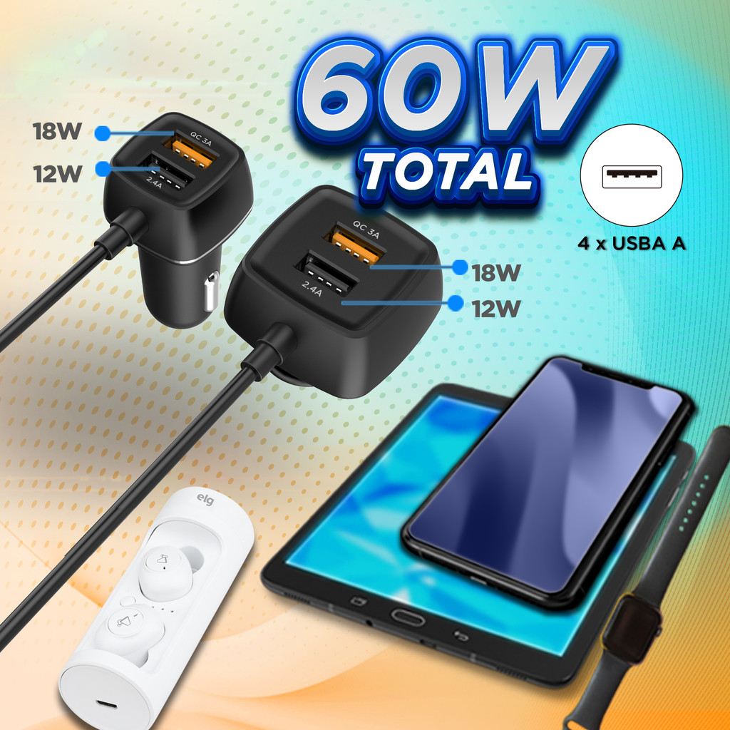 Carregador Veicular C/Extensor 4 Portas USB-A Quick Charge 3.0 + 2.4A 60W Cabo 1.5m Preto CC4SQC ELG em Oferta na Shopee