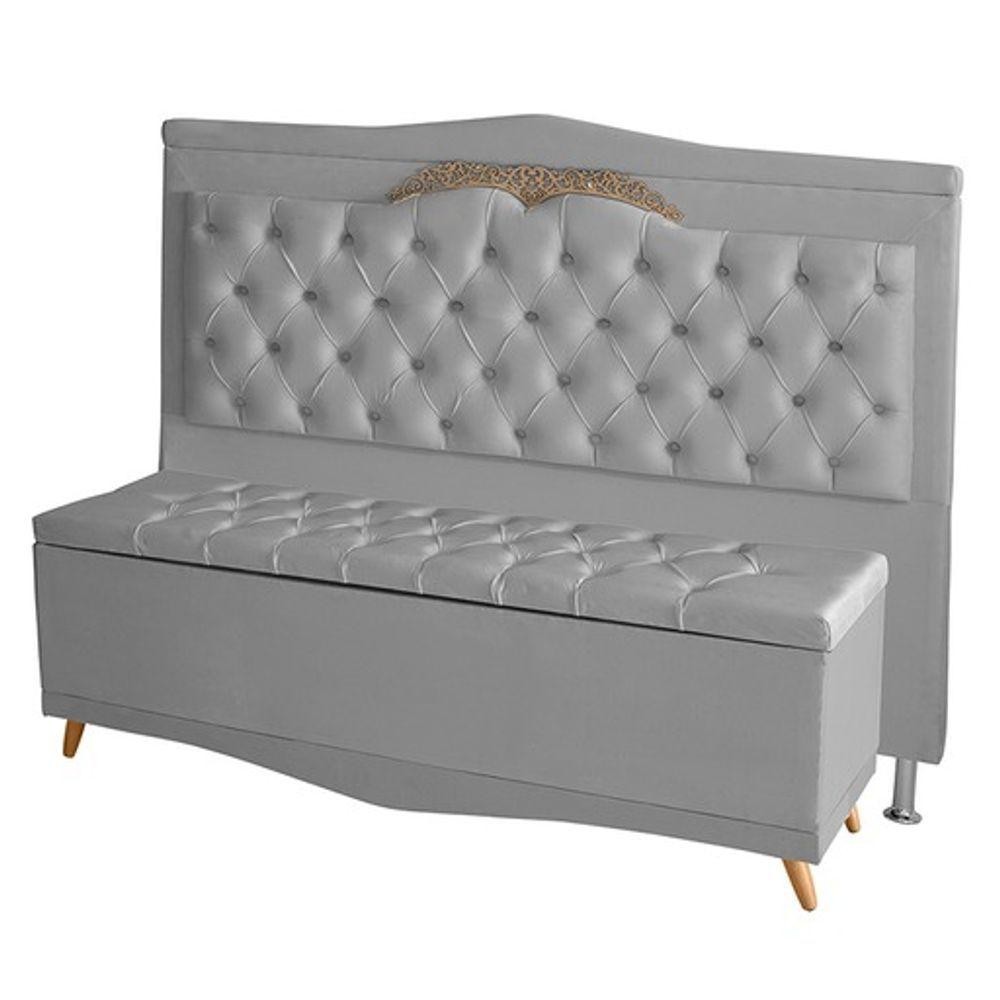 Kit Cabeceira De Cama Box E Calçadeira Baú Madri Queen 160 Cm Suede Prata Do Lar Móveis E Decoração
