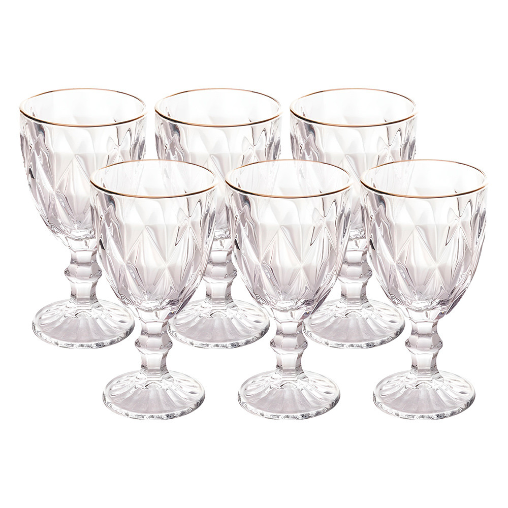 Jogo 6 Taças de Vidro com Borda Dourada Diamond Cor Transparente Água 300ml Class Home
