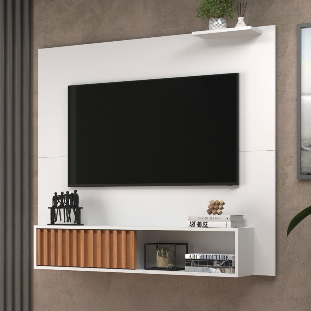 Painel para TV Até 55 Polegadas Tucson 1 Porta Ripado Branco/Freijó - Jcarvalho em Oferta na Shopee