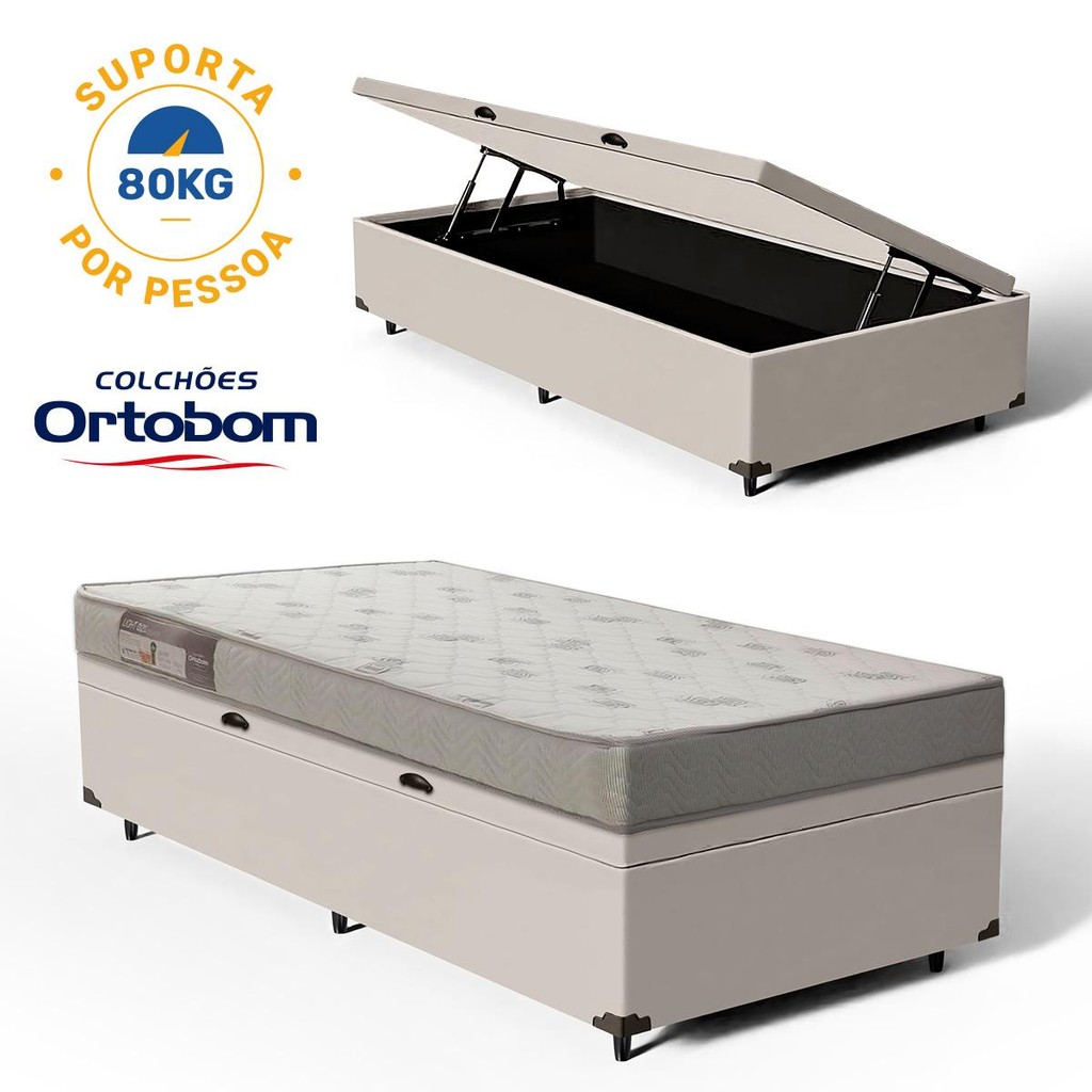 Cama Box Baú com Colchão De Espuma Ortobom Light Liso Solteiro 88cm em Oferta na Shopee