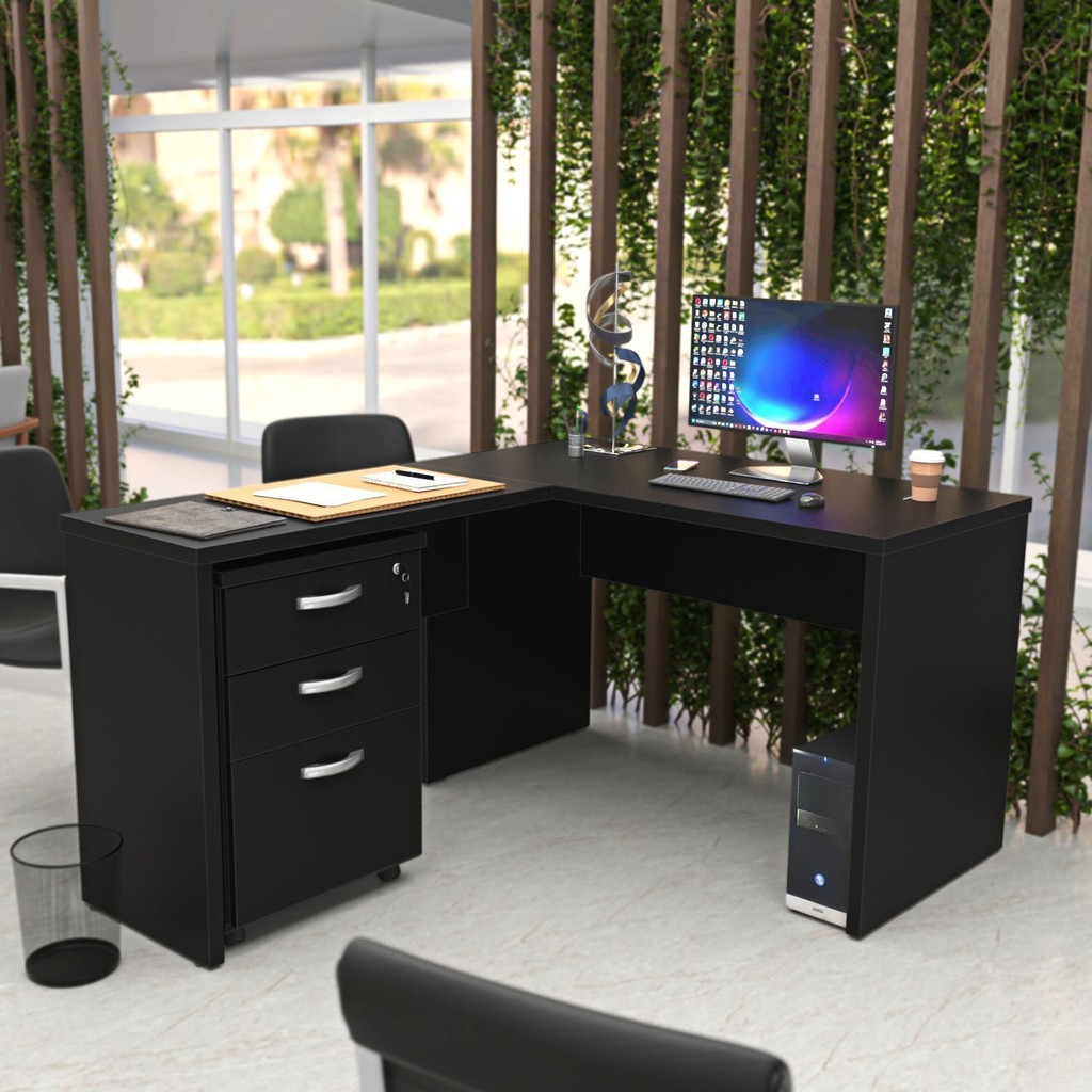 Escrivaninha Mesa Escritório em L com Gaveteiro 3 Gavetas com Chave 120cmx150cm Preto em Oferta na Shopee