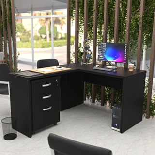 Escrivaninha Mesa Escritório em L com Gaveteiro 3 Gavetas com Chave 120cmx150cm Preto em Oferta na Shopee