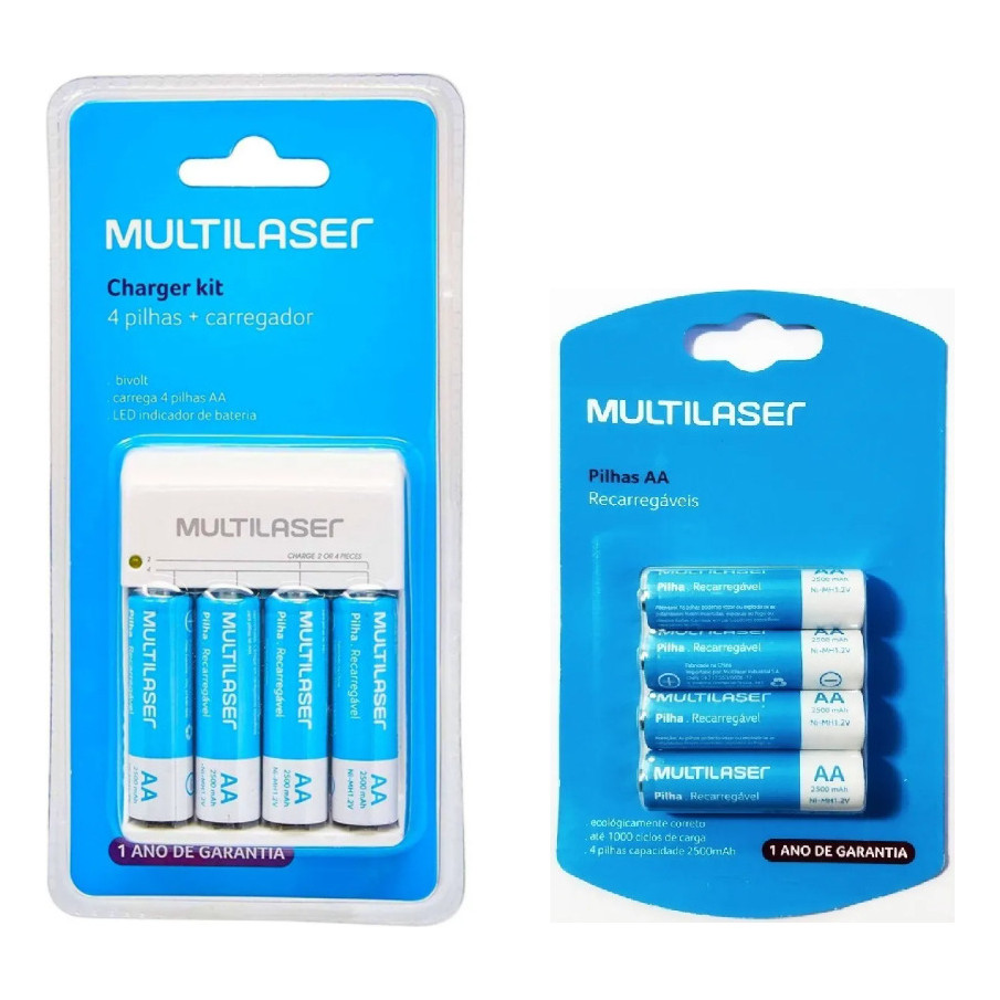 Kit Carregador De Pilhas Mais 8 Pilhas Aa Recarregáveis 2500 mah 1.2v Multilaser