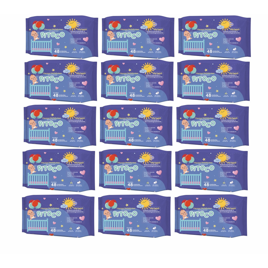 Kit 15 Pacotes Toalhas Umedecidas PITOCO 48 Folhas  98% Água - Vegano
