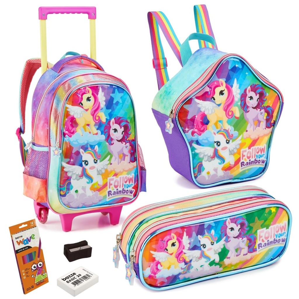 Kit Mochila Escolar Unicornio para Meninas com Rodinhas, Lancheira, Estojo, Borracha, Lapis Cor e Apontador
