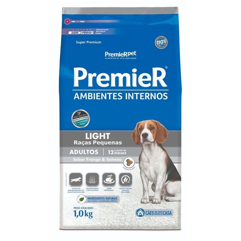 RAÇÃO PREMIER AMBIENTES INTERNOS LIGHT CÃES ADULTOS PORTE PEQUENO FRANGO E SALMÃO 1KG