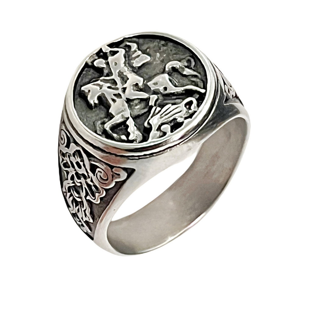 Anel  São Jorge Aço Inoxidável Prateado  Santo Guerreiro Proteção em Oferta na Shopee