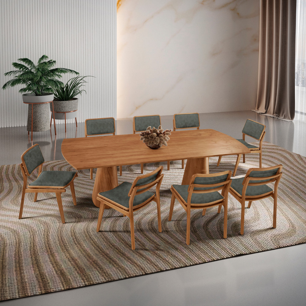 Sala de Jantar Mesa Noronha 220cm Madeira Tampo Barril Laminado com 8 cadeiras Eva