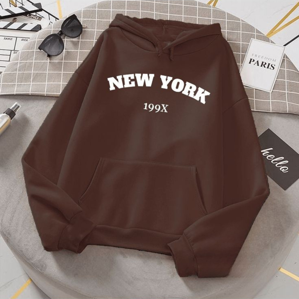 Moletom Feminino Marrom New York Moda Inverno Com Capuz e Bolso