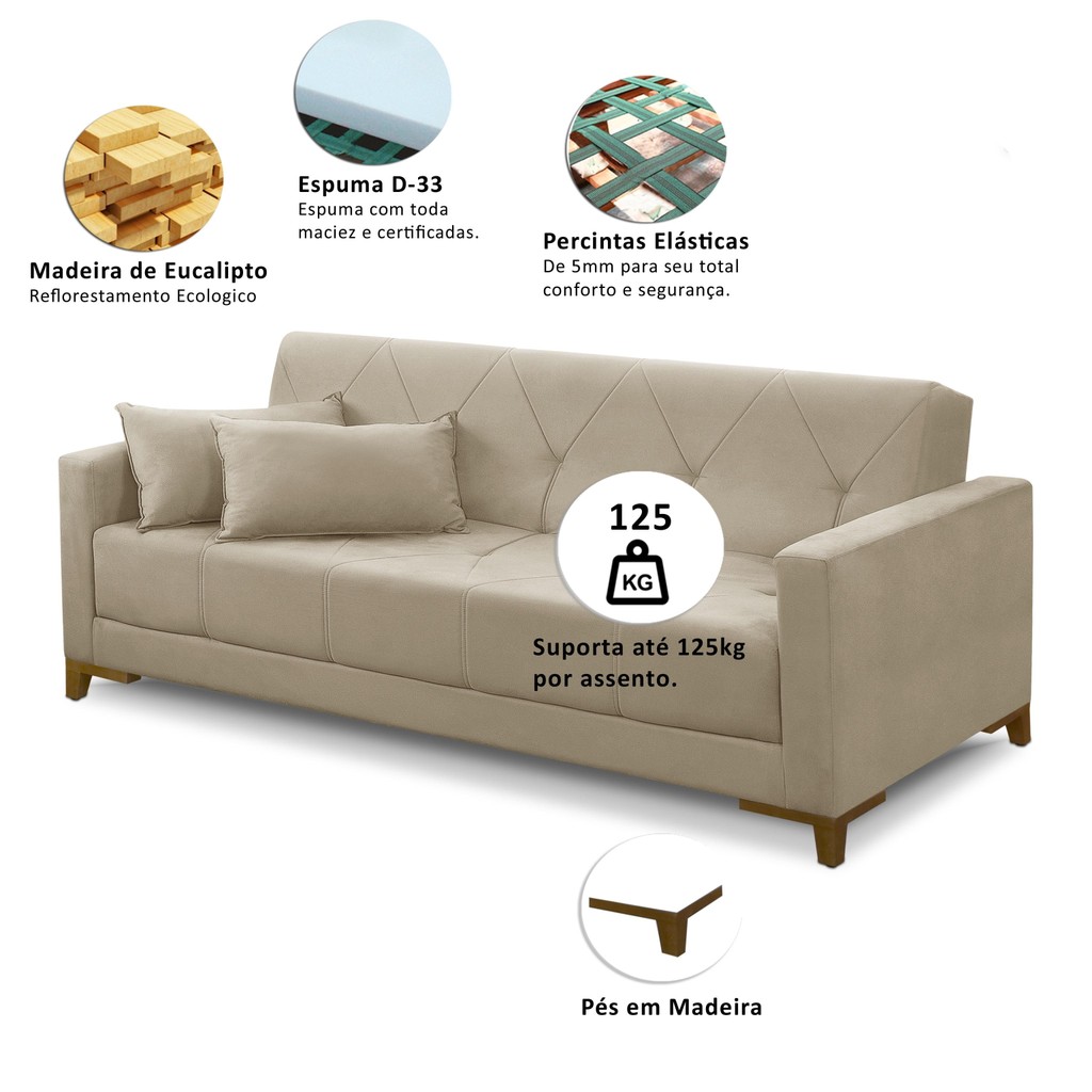Sofá Cama 3 lugares 2,00m Aurora Suede Adonai Estofados