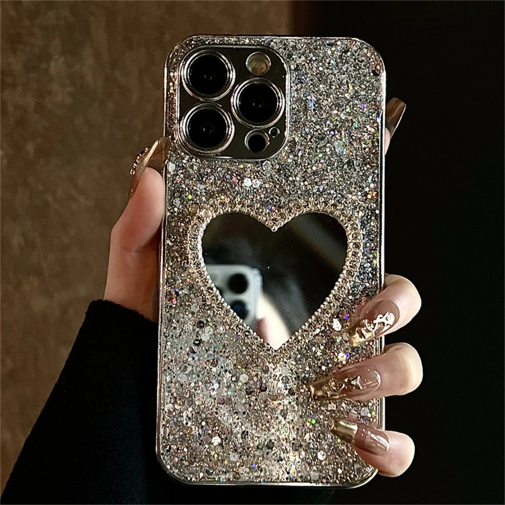 Luxo Bling Glitter Chapeamento 3D Amor Coração Espelho Lantejoulas Caso Para iphone 16 14 15 13 12 Pro Max 11 INS Lente 