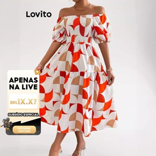 (LIVE STREAM SALE) Lovito Vestido elegante geométrico com bata para mulheres LNL75542 em Oferta na Shopee