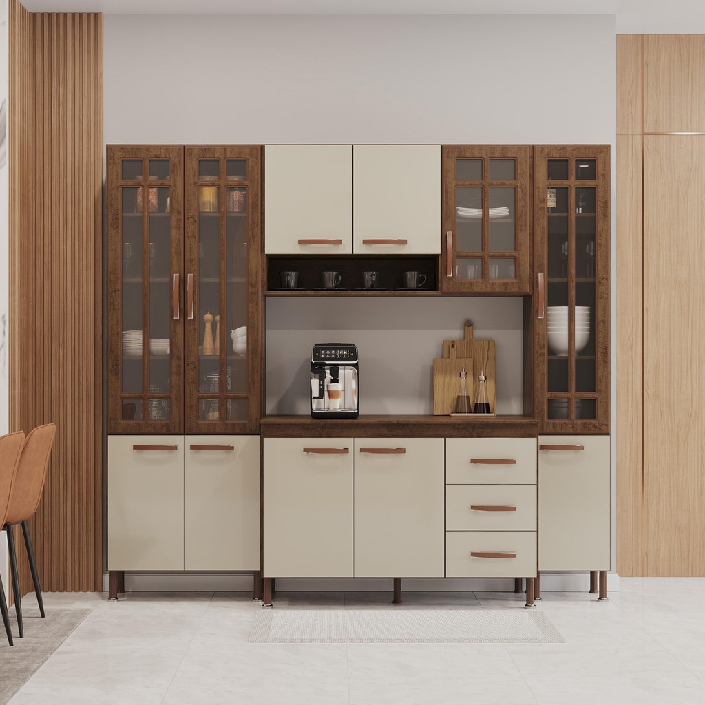 Cozinha Modulada Compacta Fidelitá Lisboa 4 Peças 225cm 11 Portas 3 Gavetas Com Tampo Noce/Off-White em Oferta na Shopee