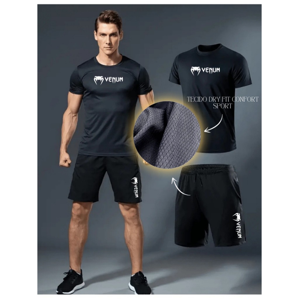 KIT Bermuda Elastano + Camisa Dry Fit - VNM 03 - Academia Corrida Skate Basquete Short Praia
