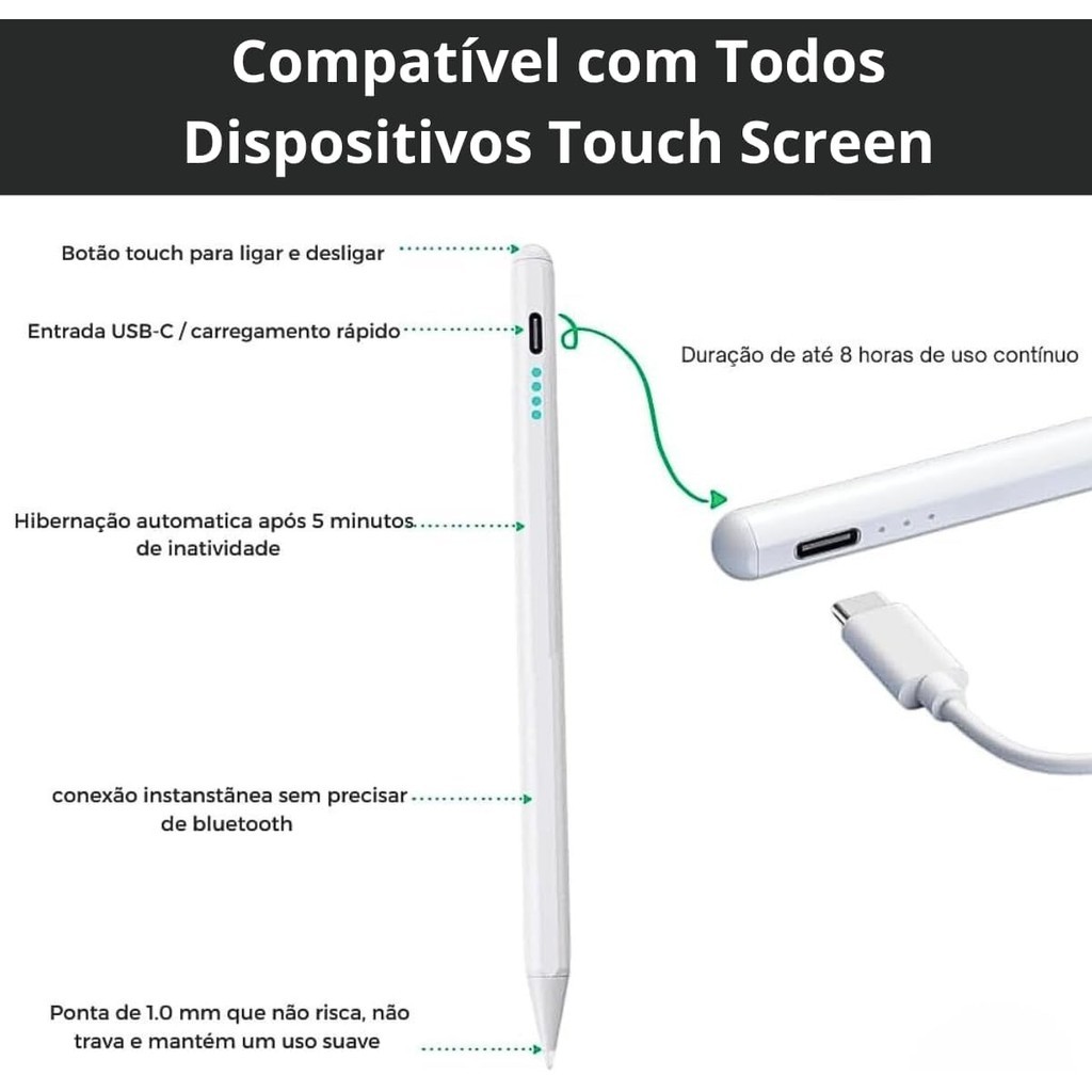 Caneta Touch Pen Universal para Tablet Compatível IOS e Android Ponta Fina Alta Sensibilidade