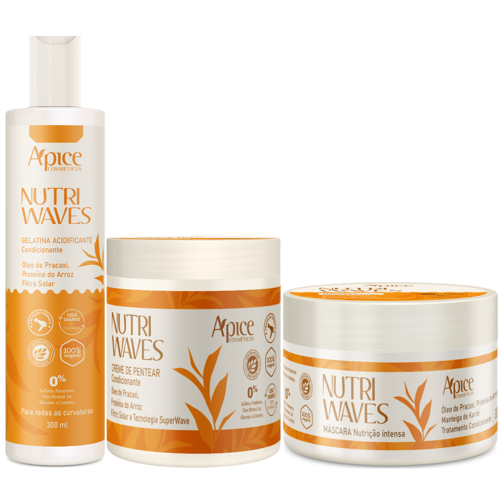 Kit Apice Nutri Waves Mascara + Creme De Pentear + Gelatina Acidificante Tratamento Vegano Completo em Oferta na Shopee