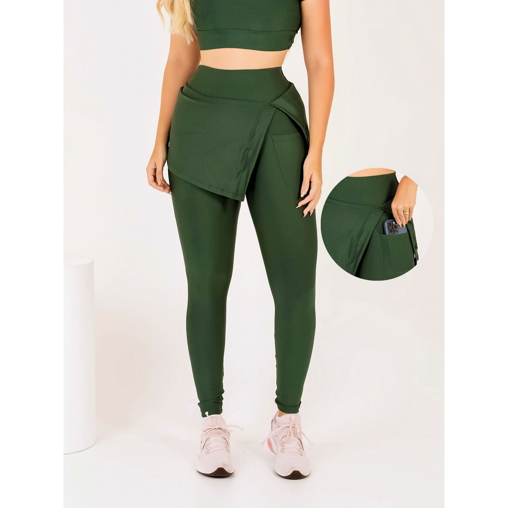 Calça Legging Com Bolso e Saia Feminina Fitness Moda Modesta Academia Caminhada Corrida Treino Ginástica
